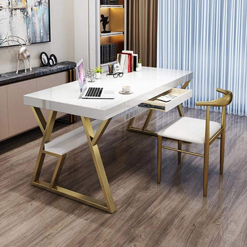 55" Rectangular White Computer Desk with Drawer and Shelf Gold Leg-Desks,Furniture,Office Furniture